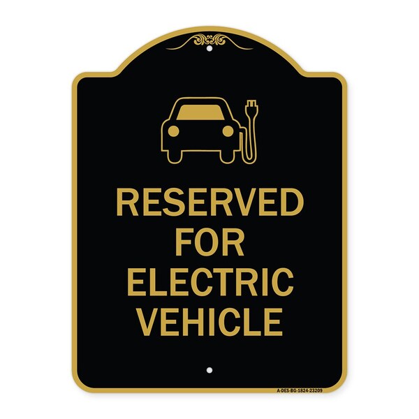 Reserved for Electric Vehicle W/ Graphic, Black & Gold Aluminum Sign, 18" x 24", BG-1824-23209
